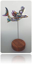 "Krazy Fish" - - Flameworked Borosilicate Glass, Hawaiian Koa Wood, Stainless Steel. 7" x 13" 