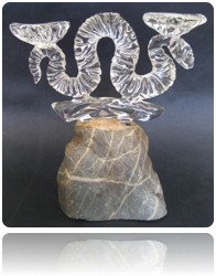 Sign of "Libra" Astrology Sculpture. Flameworked Borosilicate Crystal and Quartz Crystal stone base. Approximately 14 inches height. 