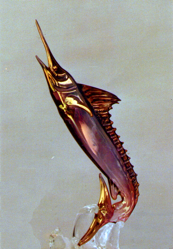"Blue Marlin" Borosilicate Crystal With Fused 24kt Gold Overlay. Approximate Size: 8" Height
