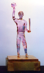 "The Yaz" Carl Yastrzemski Baseball Hall of Famer Retirement Day Sculpture. Borosilicate Crystal With Fused 24kt Gold Overlay. Approximate Size: 12" Height - Yastrzemski Family Private Collection Commission